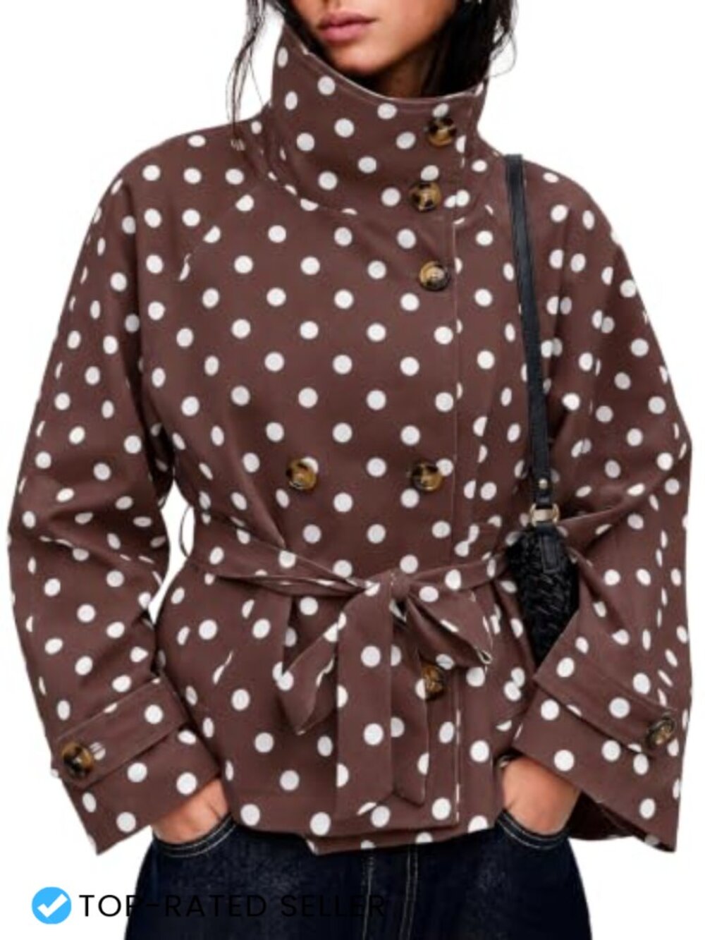 Womens Cropped Polka Dot Trench Coat Belted Button Front Lightweight